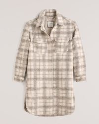 Abercrombie & Fitch Long-Length Wool-Blend Shirt Jacket ~ womens checked longline shackets ~ women’s cream plaid overshirts ~ check print shirts