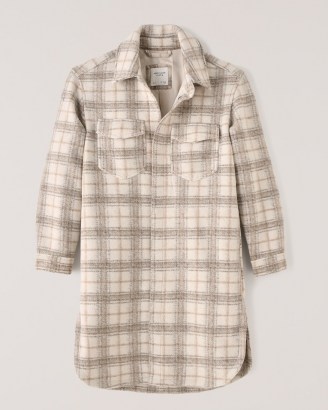 Abercrombie & Fitch Long-Length Wool-Blend Shirt Jacket ~ womens checked longline shackets ~ women’s cream plaid overshirts ~ check print shirts - flipped