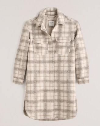 Abercrombie & Fitch Long-Length Wool-Blend Shirt Jacket ~ womens checked longline shackets ~ women’s cream plaid overshirts ~ check print shirts