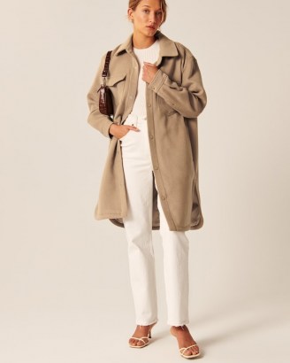 Abercrombie & Fitch Long-Length Wool-Blend Shirt Jacket ~ light brown longline curved hem shackets ~ women’s neutral overshirts ~ casual shirt inspired jackets - flipped