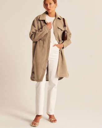 Abercrombie & Fitch Long-Length Wool-Blend Shirt Jacket ~ light brown longline curved hem shackets ~ women’s neutral overshirts ~ casual shirt inspired jackets