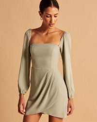 Abercrombie & Fitch Long-Sleeve Draped Skirt Mini Dress ~ green square neck smocked back dresses