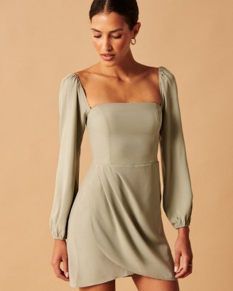 Abercrombie & Fitch Long-Sleeve Draped Skirt Mini Dress ~ green square neck smocked back dresses - flipped