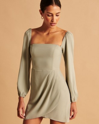 Abercrombie & Fitch Long-Sleeve Draped Skirt Mini Dress ~ green square neck smocked back dresses
