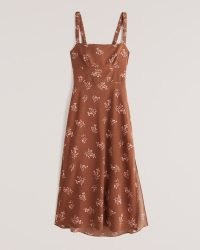Abercrombie & Fitch Open Tie-Back Slip Midi Dress ~ sleeveless brown floral print slim fitting dresses