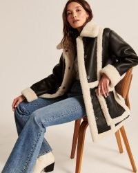 Abercrombie & Fitch Sherpa-Lined Vegan Leather Shearling Coat ~ textured faux fur trim coats ~ womens fashionable outerwear