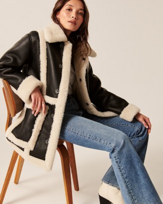 Abercrombie & Fitch Sherpa-Lined Vegan Leather Shearling Coat ~ textured faux fur trim coats ~ womens fashionable outerwear - flipped