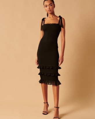 Abercrombie & Fitch Tie-Strap Smocked Midi Dress ~ LBD ~ black strappy ruffled hem party dresses ~ glamorous evening fashion - flipped