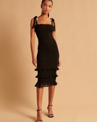 Abercrombie & Fitch Tie-Strap Smocked Midi Dress ~ LBD ~ black strappy ruffled hem party dresses ~ glamorous evening fashion