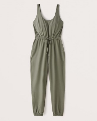 Abercrombie & Fitch Traveler Jumpsuit ~ olive-green sleeveless jumpsuits ~ womens drawstring tie waist all-in-one - flipped