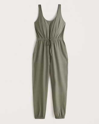 Abercrombie & Fitch Traveler Jumpsuit ~ olive-green sleeveless jumpsuits ~ womens drawstring tie waist all-in-one