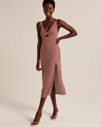 Abercrombie & Fitch Twist-Front Cutout Midi Dress In Dark Brown Dot ~ sleeveless spot print front cut out dresses ~ split hem