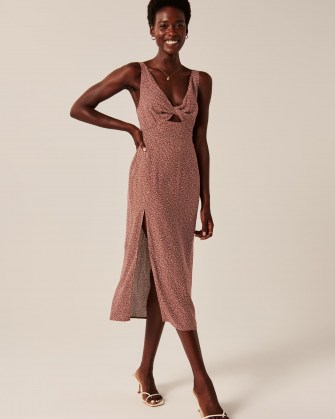 Abercrombie & Fitch Twist-Front Cutout Midi Dress In Dark Brown Dot ~ sleeveless spot print front cut out dresses ~ split hem - flipped