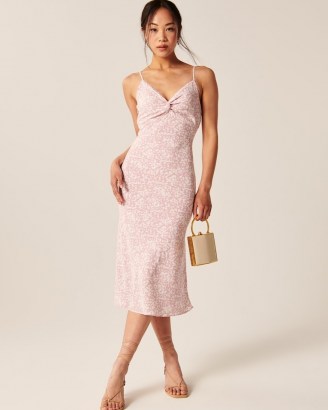 Abercrombie & Fitch Twist-Front Slip Midi Dress in Pink Pattern ~ feminine strappy V-neck dresses - flipped