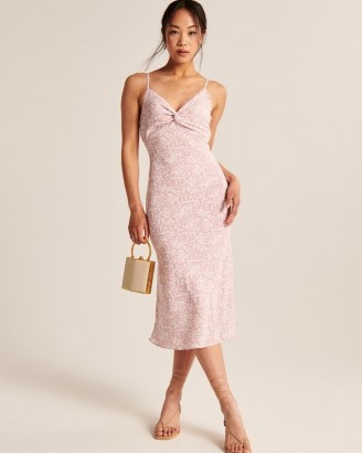 Abercrombie & Fitch Twist-Front Slip Midi Dress in Pink Pattern ~ feminine strappy V-neck dresses