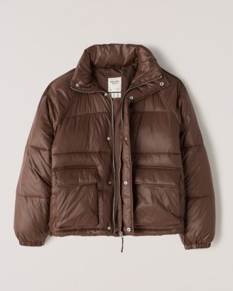Abercrombie & Fitch Utility Puffer in Dark Brown ~ womens stylish water resistant padded jackets ~ women’s casual autumn and winter outerwear - flipped