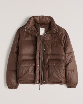Abercrombie & Fitch Utility Puffer in Dark Brown ~ womens stylish water resistant padded jackets ~ women’s casual autumn and winter outerwear