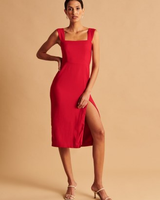 Abercrombie & Fitch Wide Strap Midi Dress ~ red sleevless split hem party dresses ~ square neck ~ evening occasion fashion ~ LRD