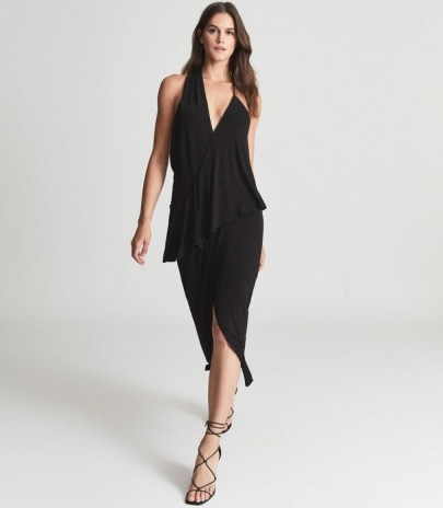REISS XENA STRAPPY OPEN BACK COCKTAIL DRESS BLACK ~ glamorous LBD ~ asymmetric evening occasion dresses ~ event glamour