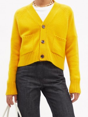 ALLUDE Yellow cashmere cardigan ~ womens bright button front V-neck cardigans ~ women’s luxe knitwear - flipped