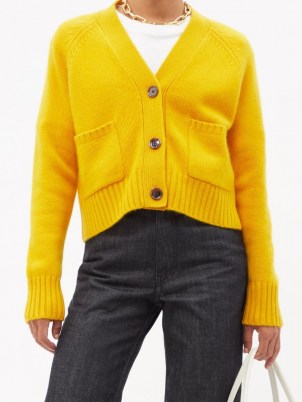 ALLUDE Yellow cashmere cardigan ~ womens bright button front V-neck cardigans ~ women’s luxe knitwear