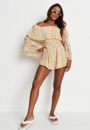 Missguided yellow floral print bardot ruffle playsuit – off the shoulder frill trim playsuits - flipped