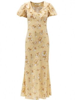 RODARTE Puff-sleeve daisy-print silk midi dress – yellow floral print ruffled V-neck collar dresses – vintage style fashion - flipped