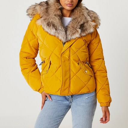 RIVER ISLAND Yellow quilted puffer coat / faux fur trim winter coats / womens zip front jackets - flipped
