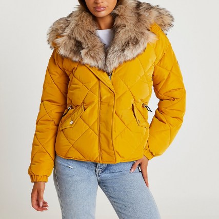 RIVER ISLAND Yellow quilted puffer coat / faux fur trim winter coats / womens zip front jackets