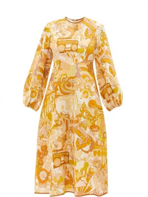 ZIMMERMANN Tempo abstract-print yellow linen-voile midi dress – retro print dresses – vintage inspired prints - flipped