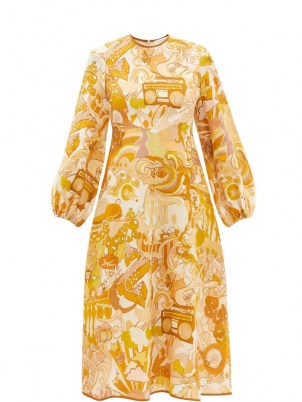 ZIMMERMANN Tempo abstract-print yellow linen-voile midi dress – retro print dresses – vintage inspired prints