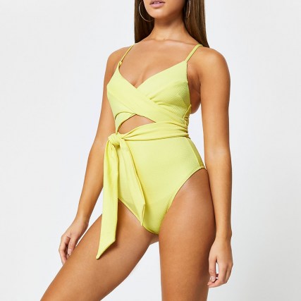 River Island Yellow tie front cut out swimsuit | skinny strap plunge front swimsuits | women’s glamorous swimwear - flipped