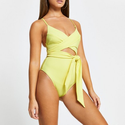 River Island Yellow tie front cut out swimsuit | skinny strap plunge front swimsuits | women’s glamorous swimwear