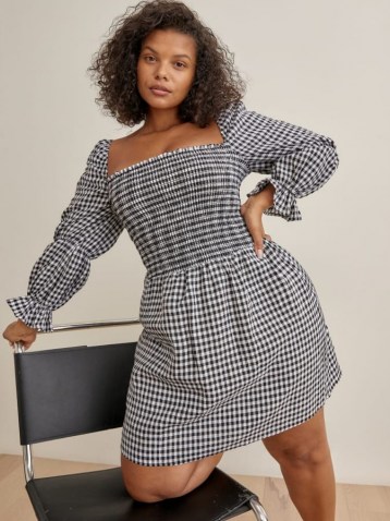 Reformation Zoya Linen Dress Es – check print square neck plus size dresses – gathered long sleeves ~ womens checked fashion - flipped