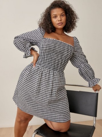 Reformation Zoya Linen Dress Es – check print square neck plus size dresses – gathered long sleeves ~ womens checked fashion