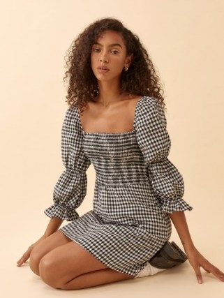 REFORMATION Zoya Linen Dress in April Check / checked smocked bodice dresses / tiered puff sleeves - flipped