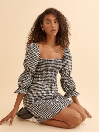 REFORMATION Zoya Linen Dress in April Check / checked smocked bodice dresses / tiered puff sleeves