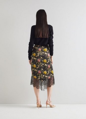 L.K. BENNETT AGNES FLORAL PRINT BLACK SILK PENCIL SKIRT ~ feminine flower print skirts ~ back V slit lace hem detail - flipped