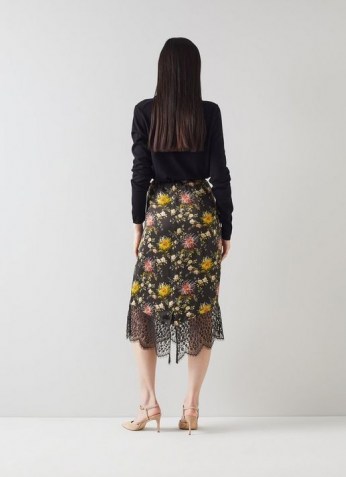L.K. BENNETT AGNES FLORAL PRINT BLACK SILK PENCIL SKIRT ~ feminine flower print skirts ~ back V slit lace hem detail