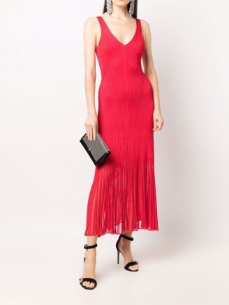 Alexander McQueen Red V-neck knitted midi dress | glamorous knitwear | evening glamour | fine knit party dresses - flipped
