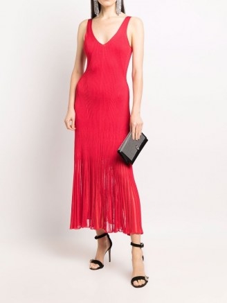 Alexander McQueen Red V-neck knitted midi dress | glamorous knitwear | evening glamour | fine knit party dresses