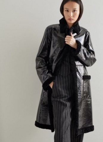 L.K. BENNETT ALEXANDRA BLACK HIGH-SHINE SHEEPSKIN COAT ~ luxe winter coats - flipped