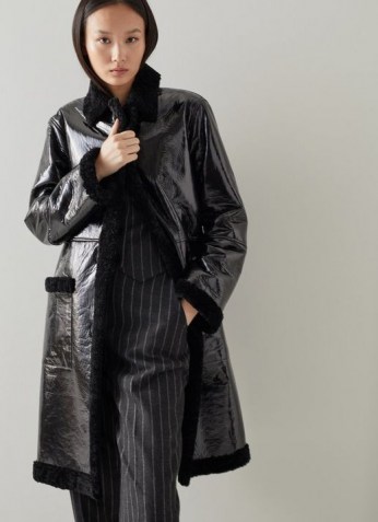 L.K. BENNETT ALEXANDRA BLACK HIGH-SHINE SHEEPSKIN COAT ~ luxe winter coats