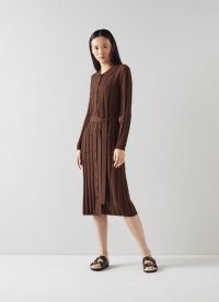 L.K. BENNETT ALI BROWN WOOL-COTTON RIBBED KNIT DRESS ~ long sleeve tie waist knitted dresses ~ womens autumn knits ~ women’s knitwear