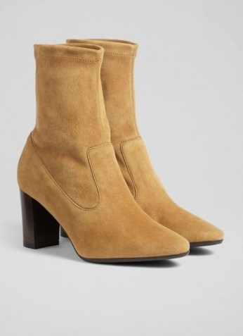 L.K. BENNETT ALICE TAN STRETCH SUEDE ANKLE BOOTS ~ light brown block heel boots - flipped