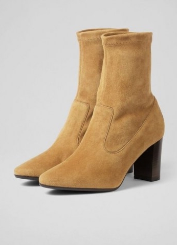 L.K. BENNETT ALICE TAN STRETCH SUEDE ANKLE BOOTS ~ light brown block heel boots