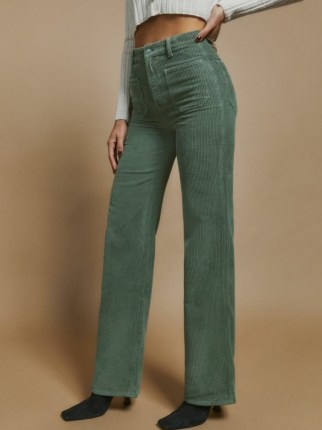 Reformation Alyssa High Rise Wide Leg Corduroy Pants in Moss – green cords – womens casual on-trend trousers