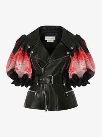 Alexander McQueen Anemone print Biker Jacket BLACK/PINK | women’s designer floral puff sleeve zip detail jackets - flipped