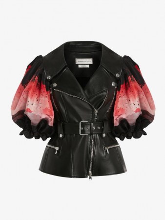 Alexander McQueen Anemone print Biker Jacket BLACK/PINK | women’s designer floral puff sleeve zip detail jackets