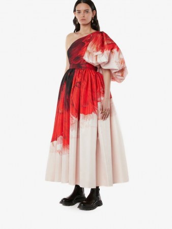 Alexander McQueen Asymmetric Draped sleeve Anemone print dress Red Mix | one shoulder statement dresses | puff sleeve occasion fashion | romantic event clothing with volume - flipped